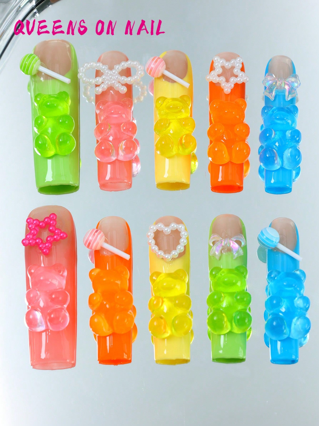 10 Pcs Handmade Press on Nail Colorful bear Fake Nails