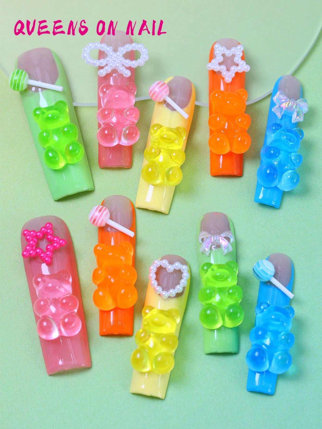 10 Pcs Handmade Press on Nail Colorful bear Fake Nails