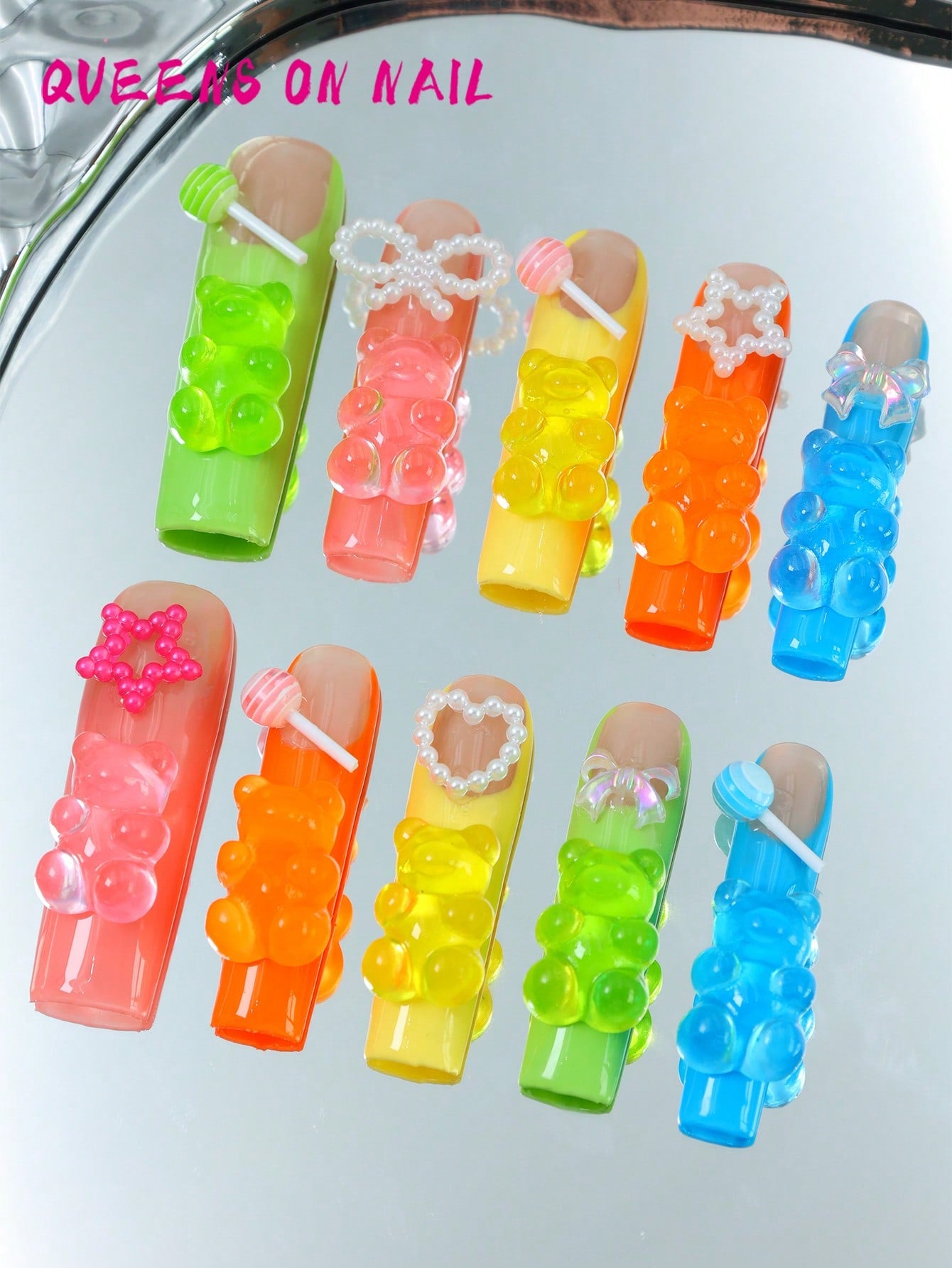 10 Pcs Handmade Press on Nail Colorful bear Fake Nails