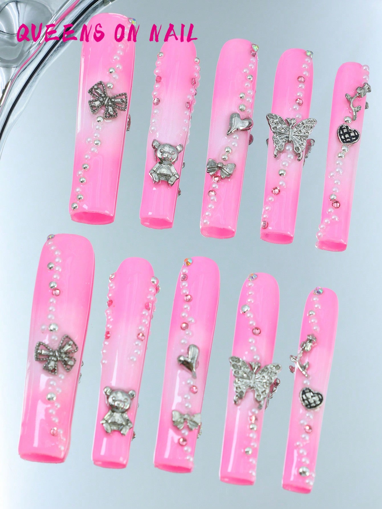 10 Pcs Handmade Press on Nail pink Y2K Fake Nails