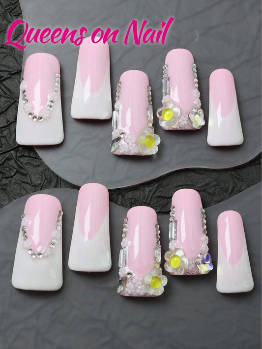 10Pcs Handmade Press on Pink Nails Fake Nails