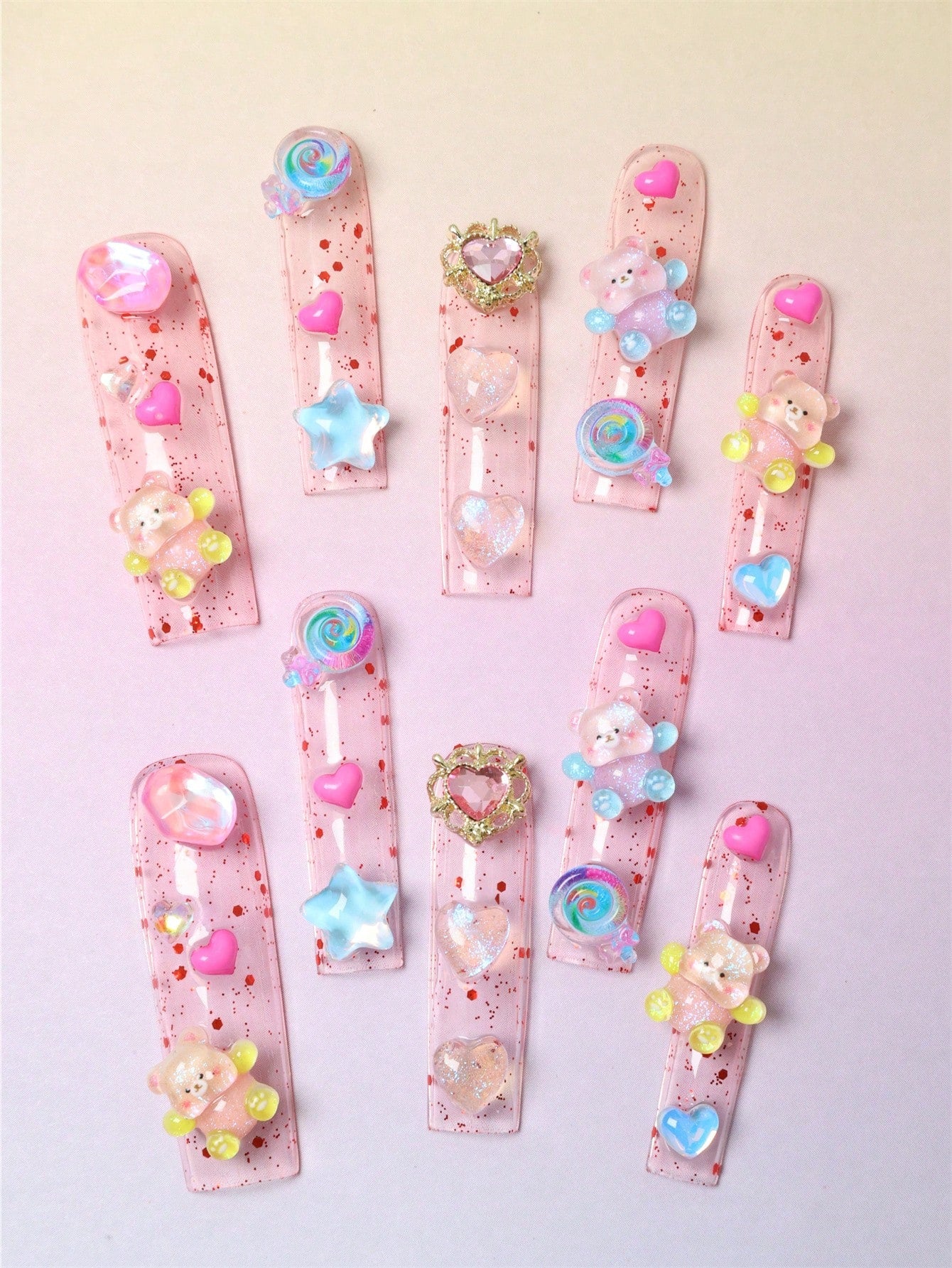 10 Pcs Handmade Pink Square bear Fake Nails Press On Nails