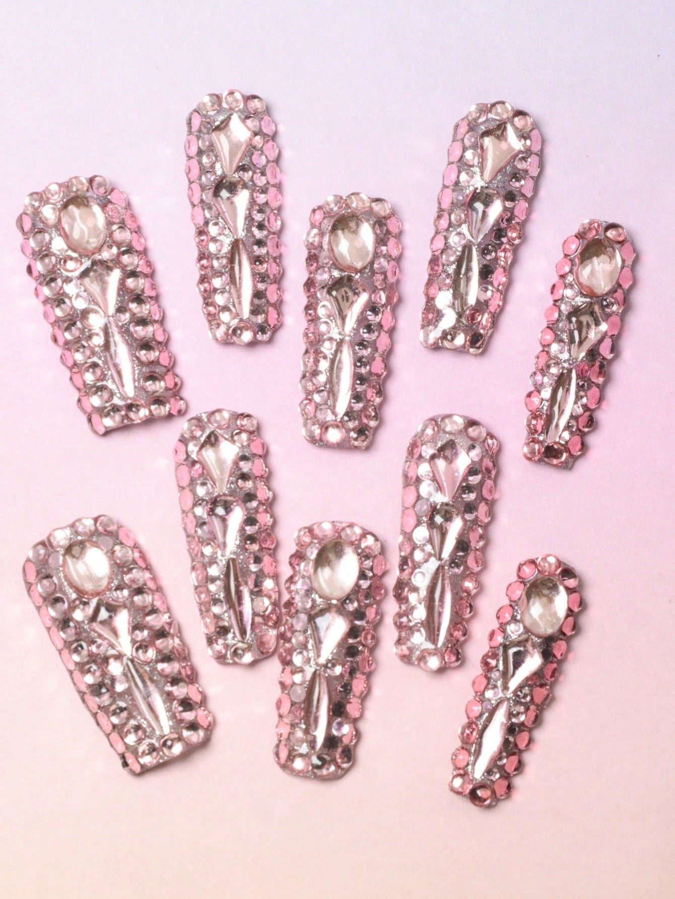 10 Pcs  Handmade Pink Square Rhinestones Fake Nails Press On Nails