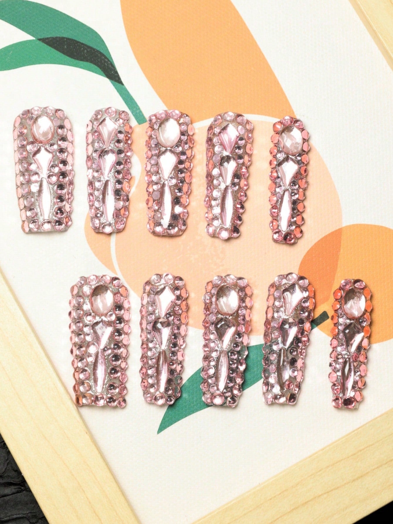 10 Pcs  Handmade Pink Square Rhinestones Fake Nails Press On Nails