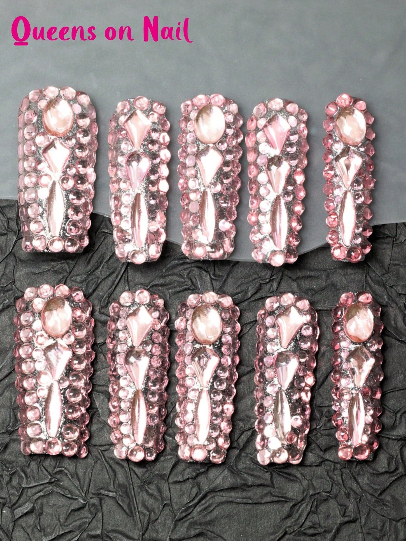 10 Pcs  Handmade Pink Square Rhinestones Fake Nails Press On Nails
