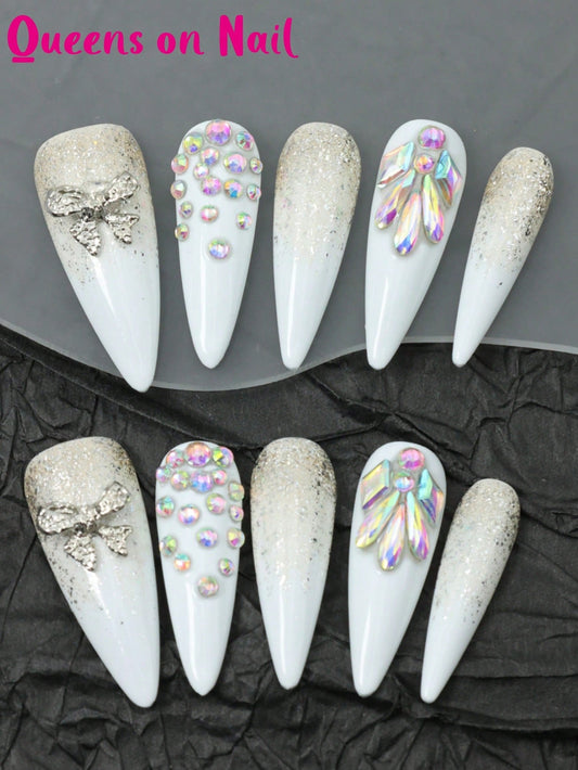 10 Pcs Handmade Press on Nail White almond rhinestones Fake Nails