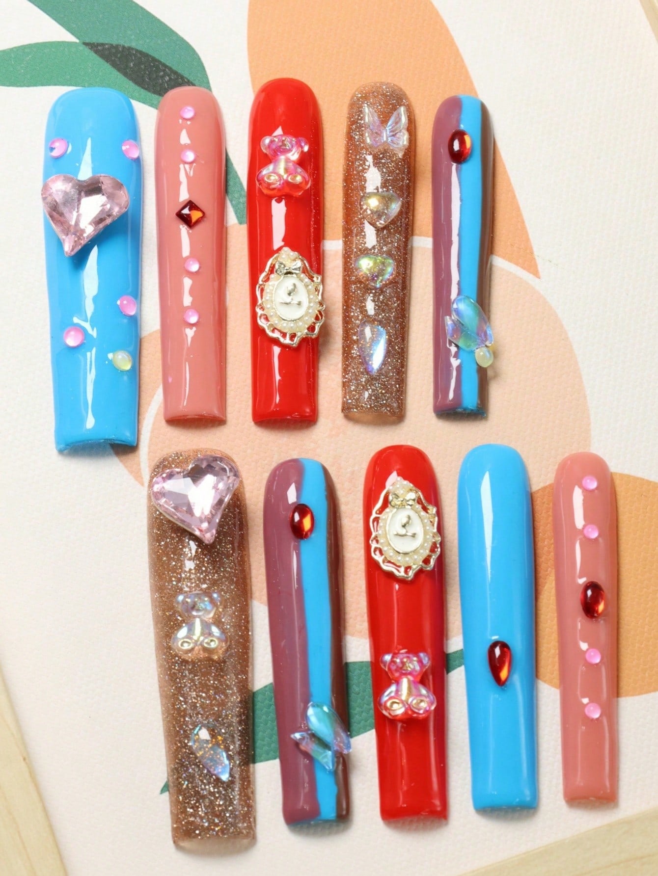 10 Pcs Handmade Press on Nail Colorful Y2K Fake Nails