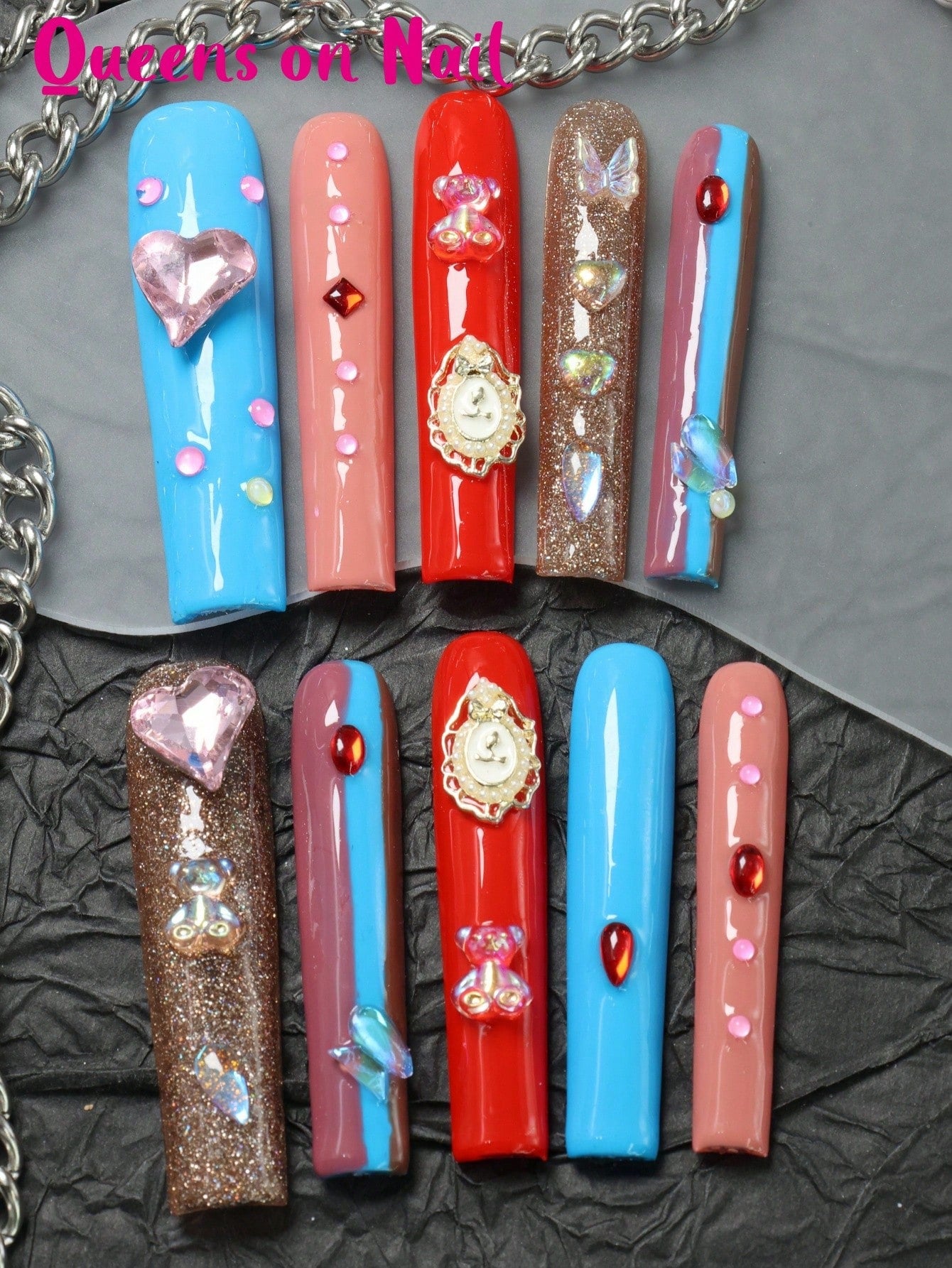 10 Pcs Handmade Press on Nail Colorful Y2K Fake Nails