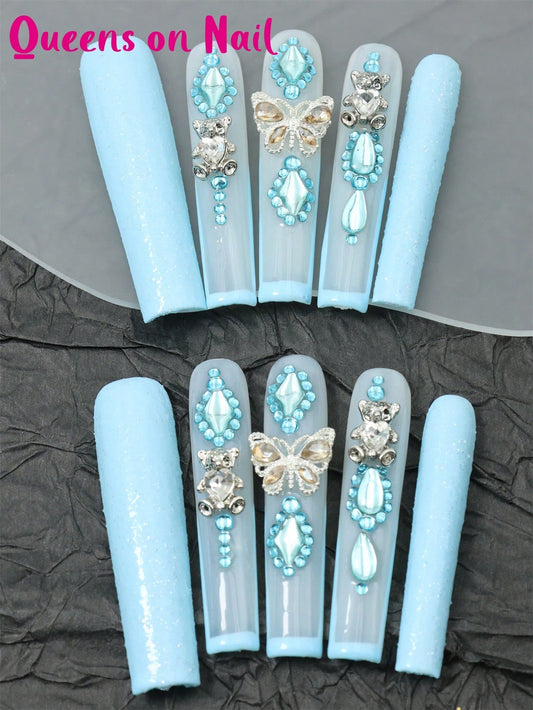 10 Pcs Handmade press on Nail Blue Fake Nails