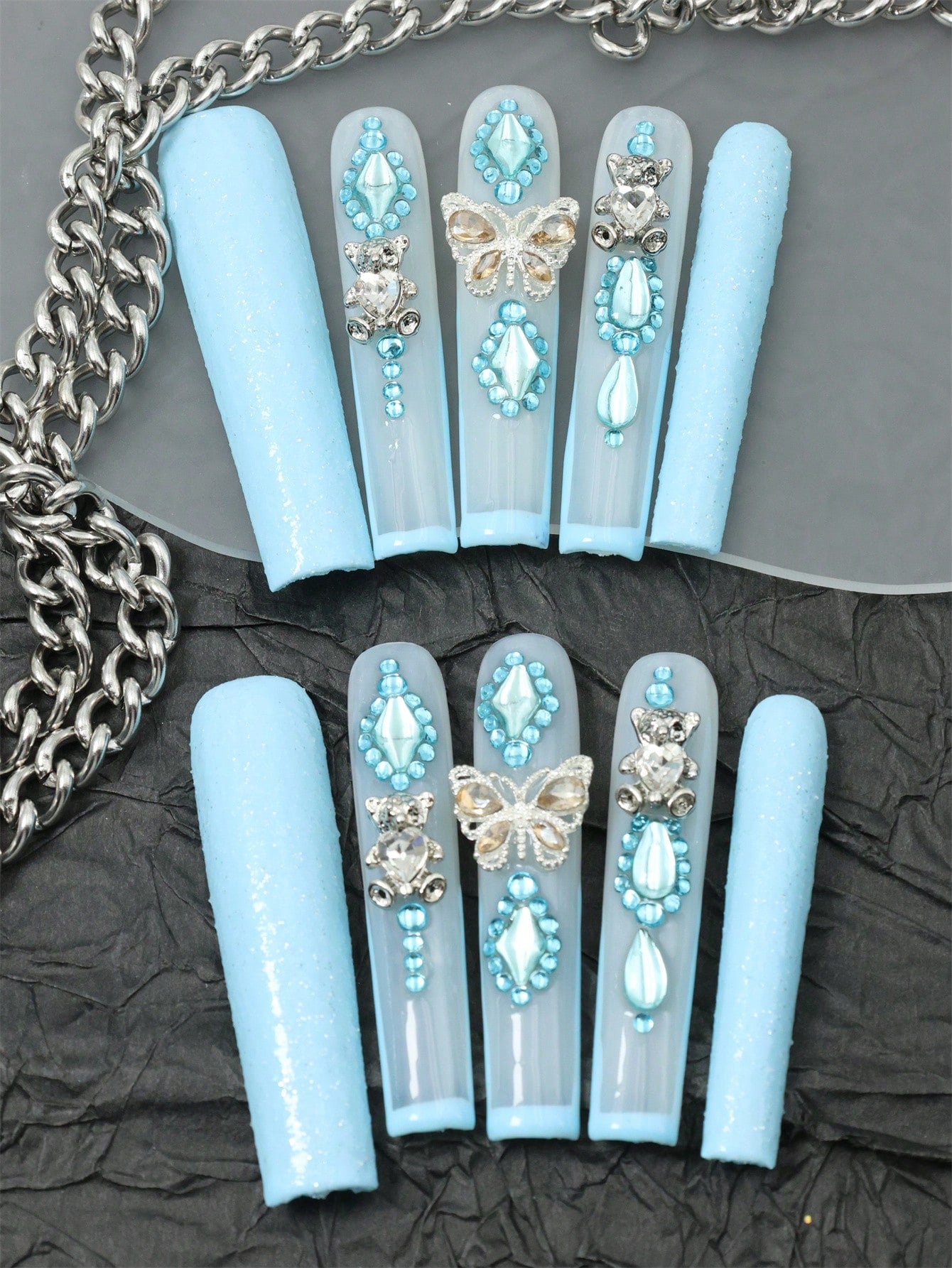 10 Pcs Handmade press on Nail Blue Fake Nails