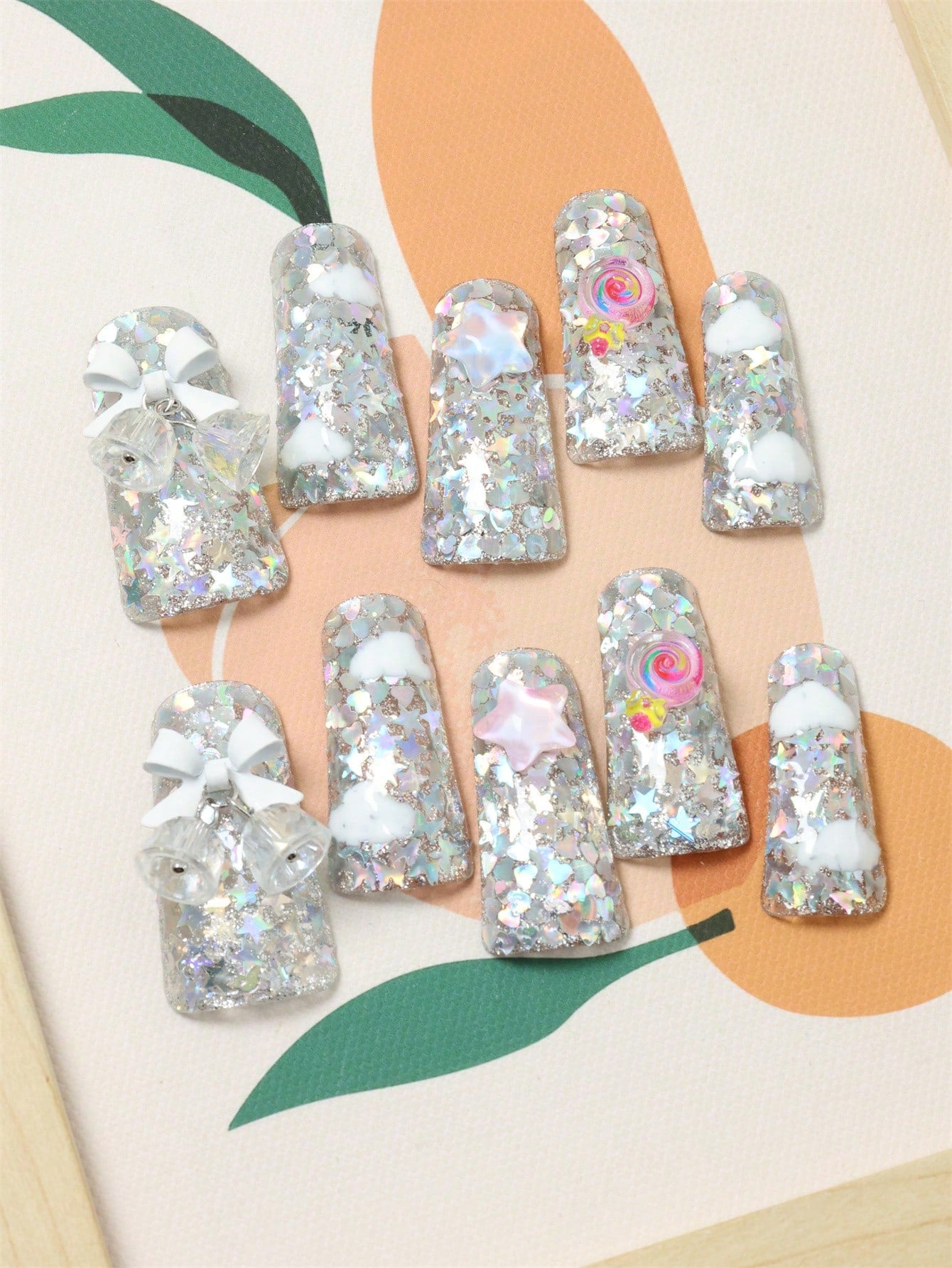 10 Pcs Handmade Press on Nail silver Fake Nails