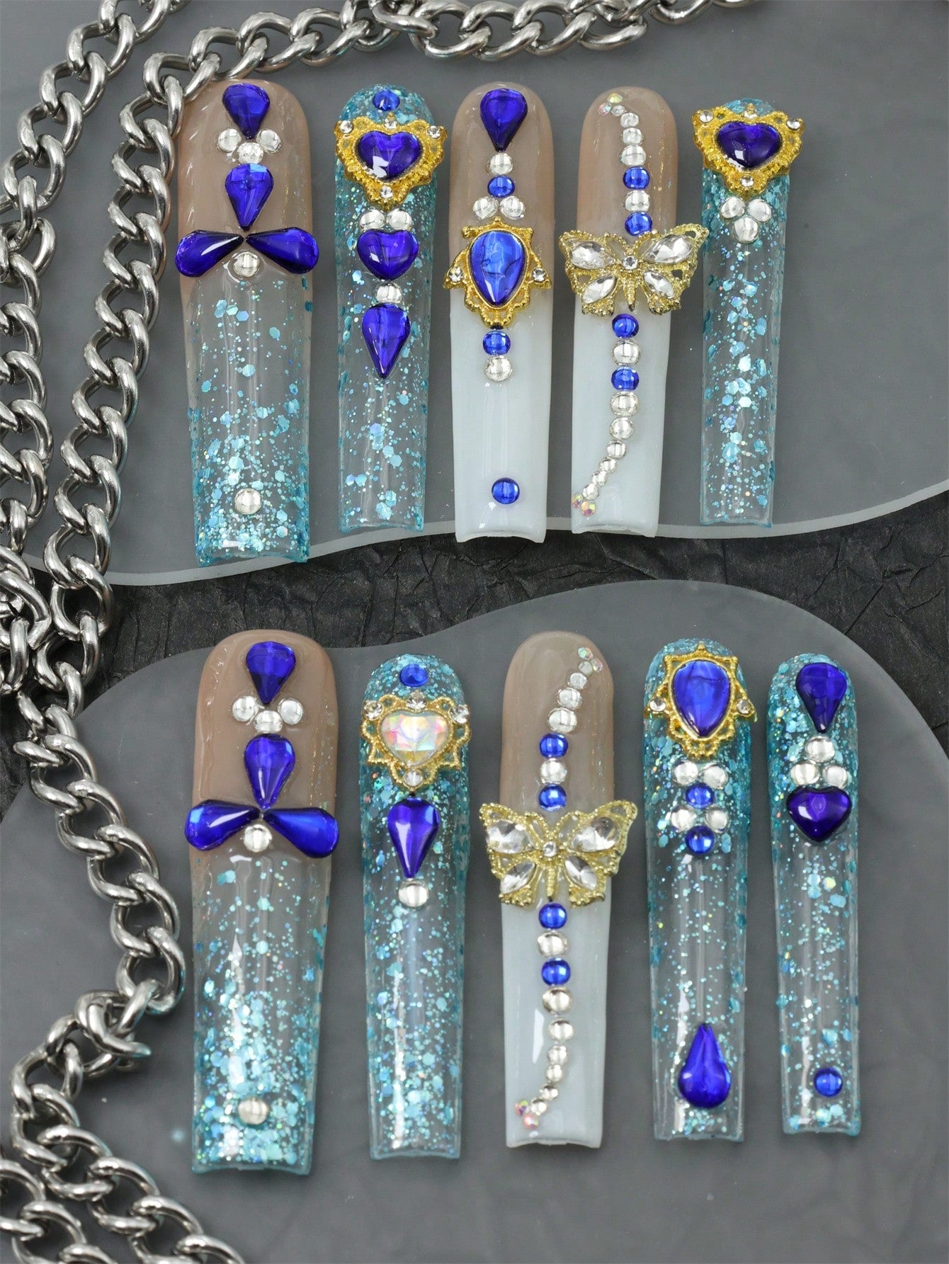 10Pcs Handmade Press on Blue Nail Fake Nails