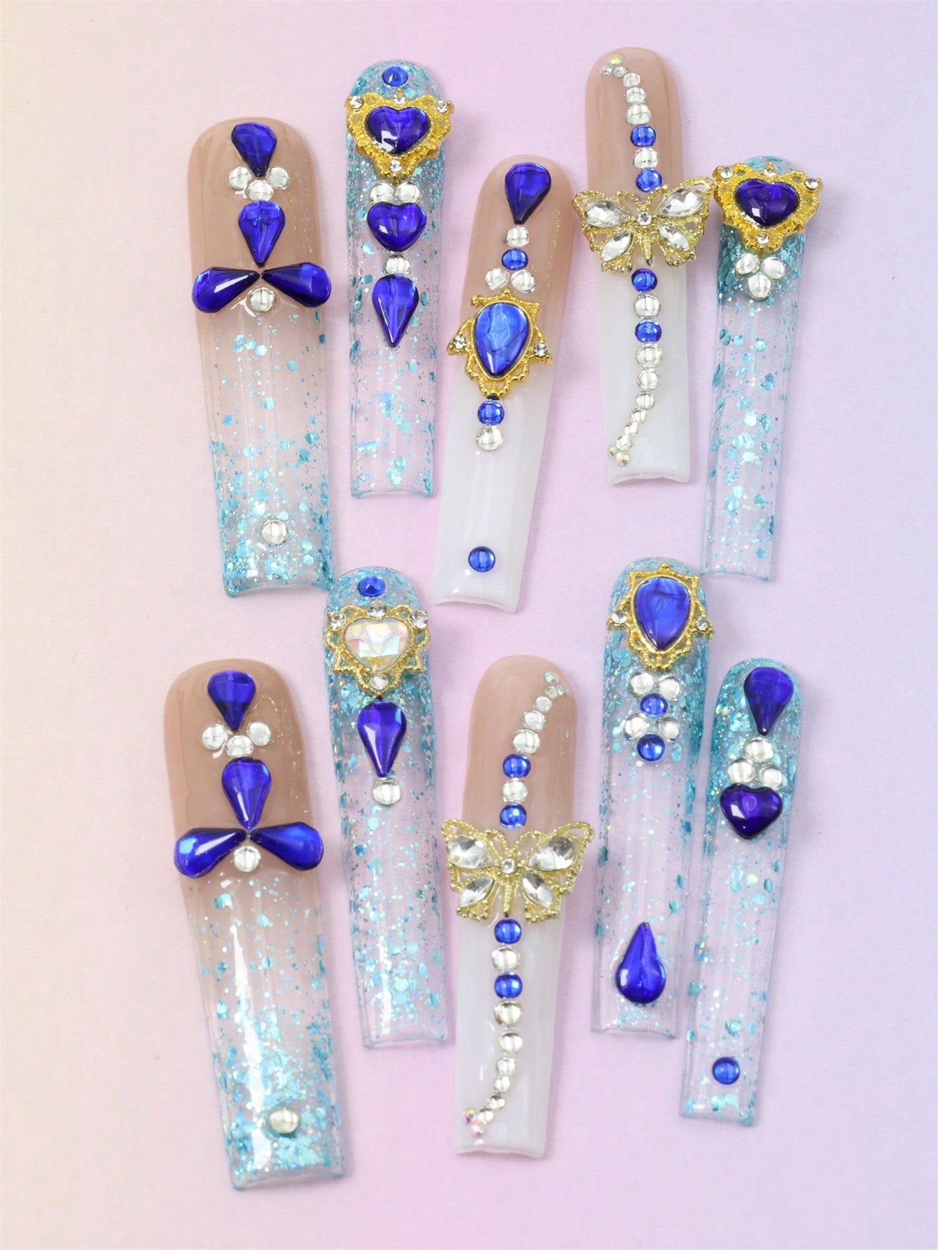 10Pcs Handmade Press on Blue Nail Fake Nails