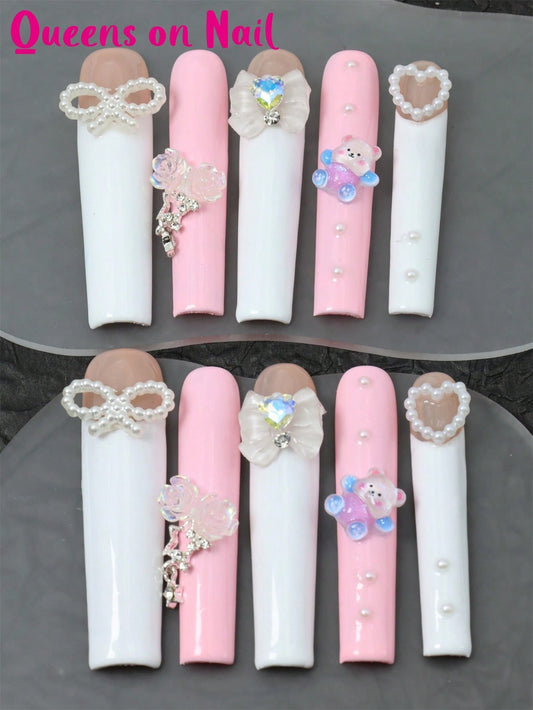 10 Pcs Handmade Fake Nails Pink Press On Nails