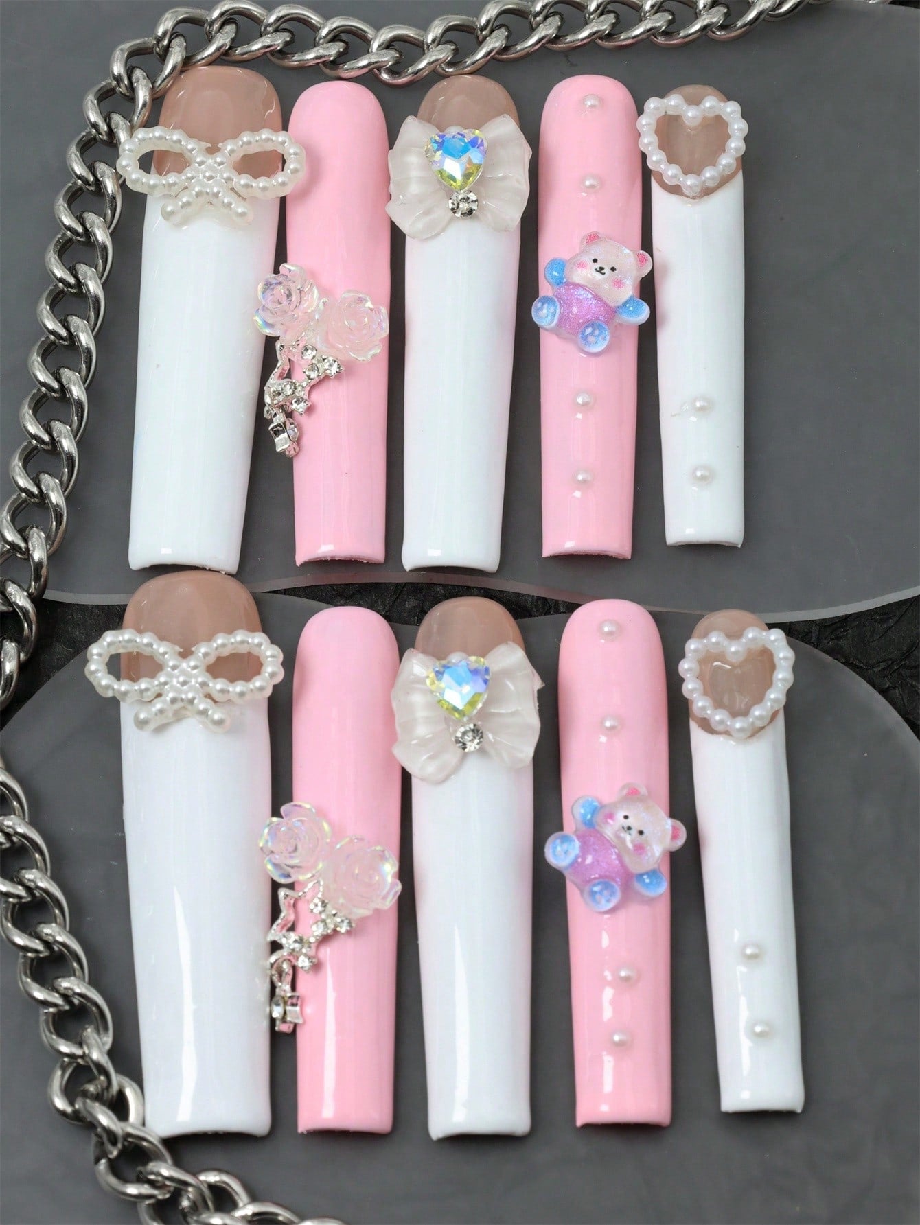 10 Pcs Handmade Fake Nails Pink Press On Nails