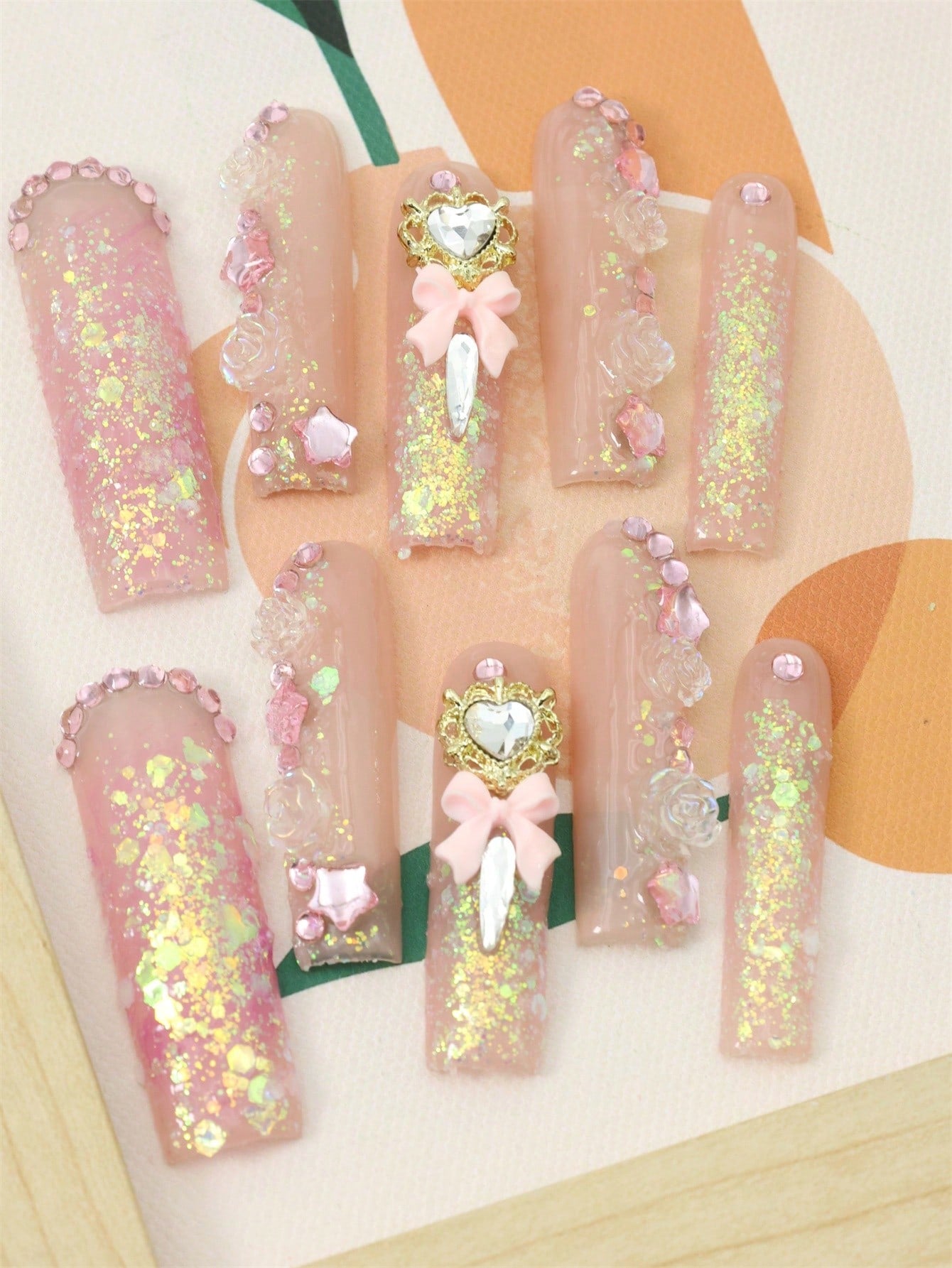 10 Pcs Handmade Press On Nails Pink Fake Nails