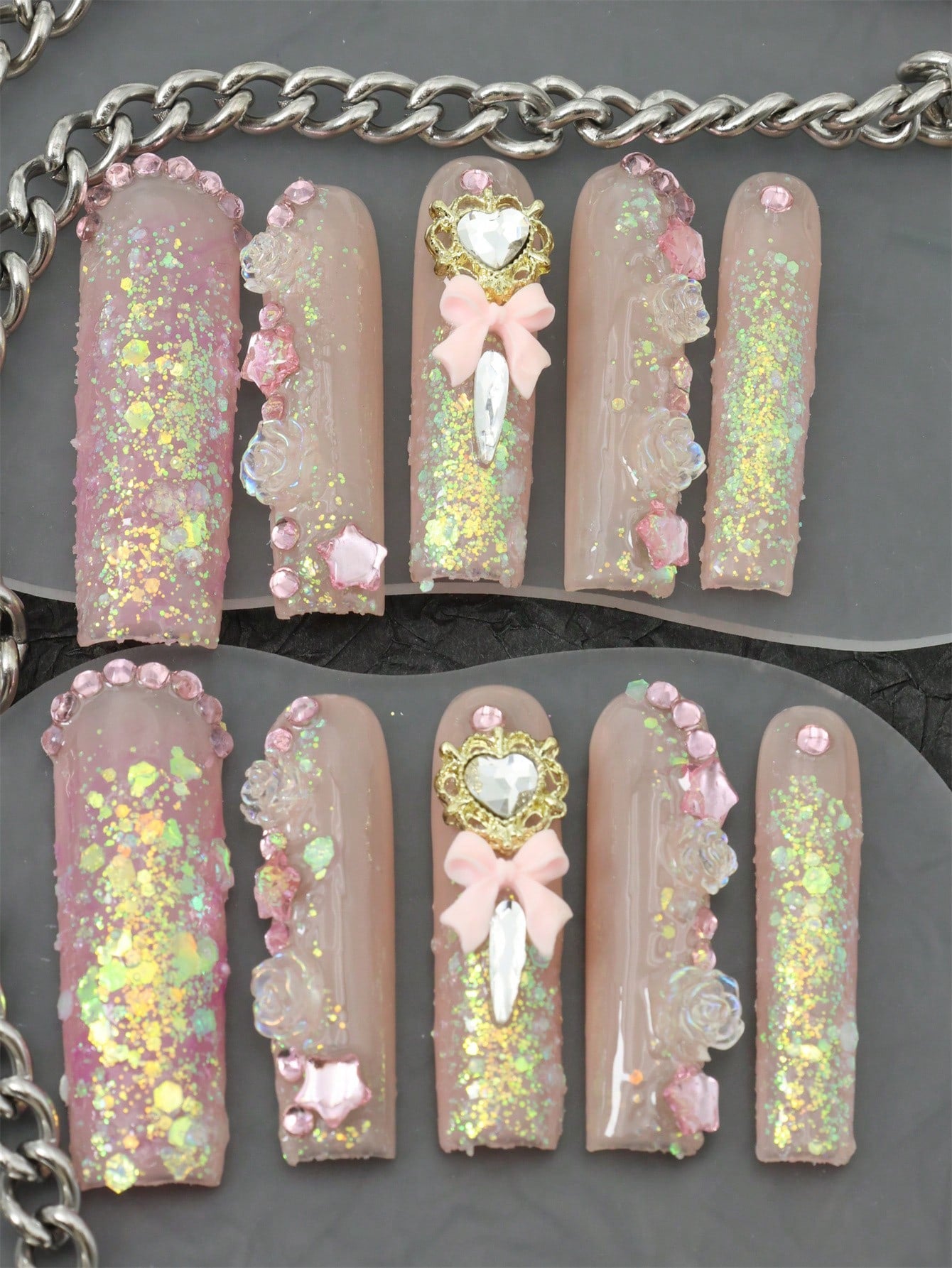 10 Pcs Handmade Press On Nails Pink Fake Nails