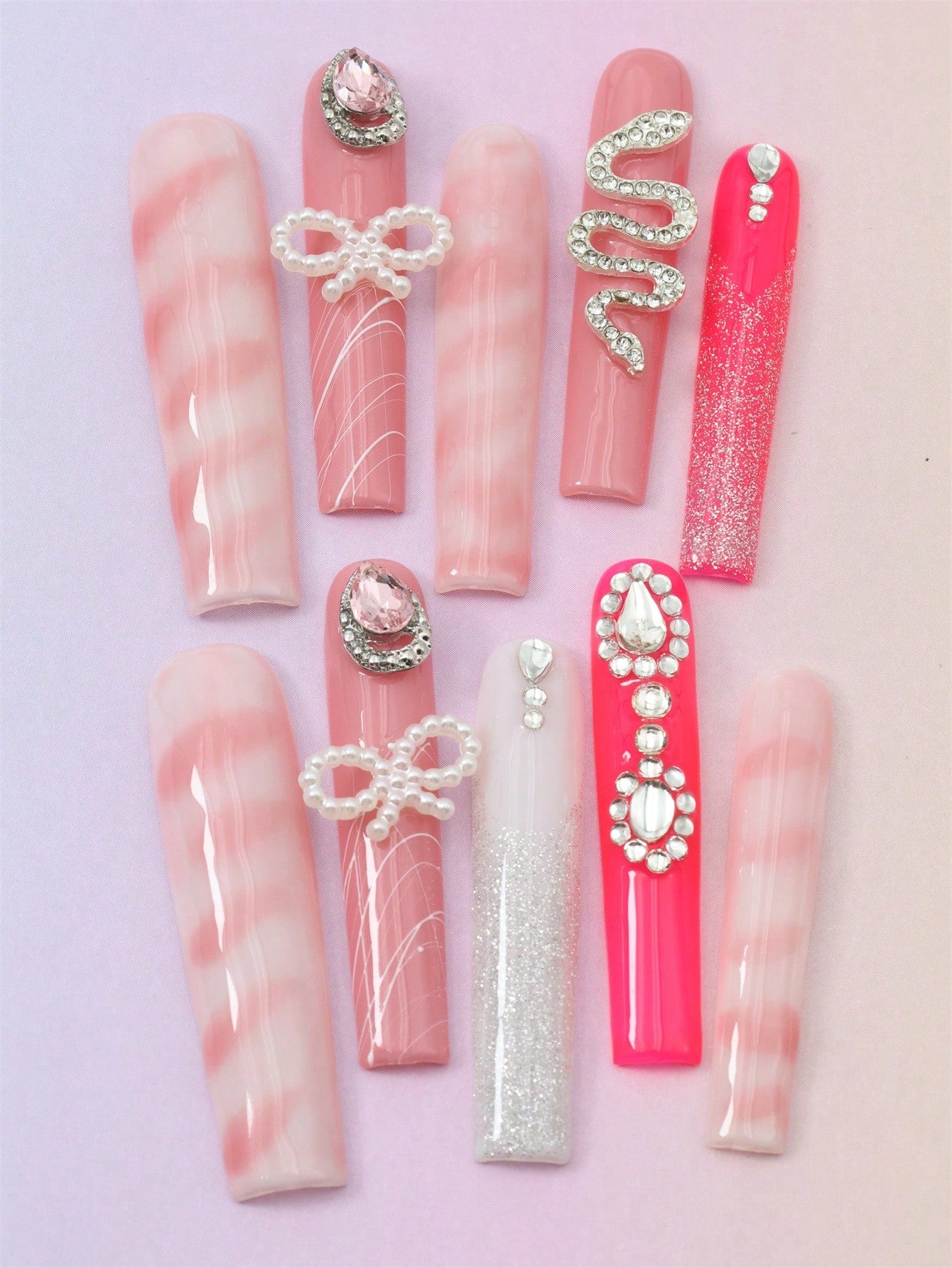 10 Pcs Handmade Fake Nails pink bow Press On Nails