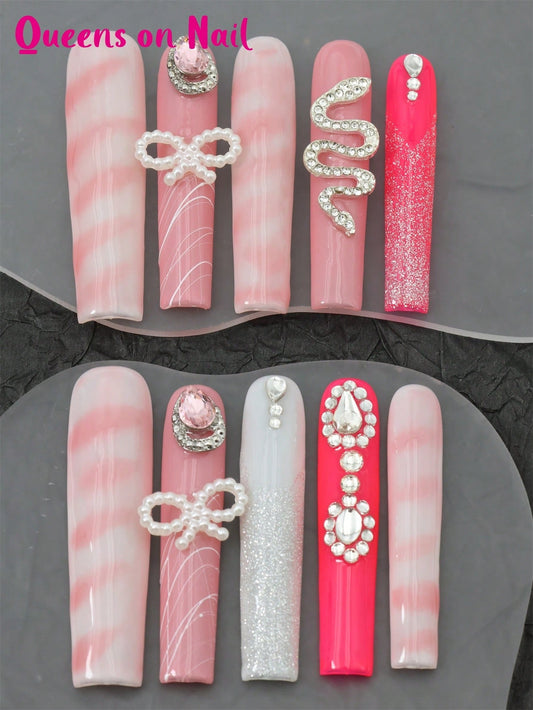 10 Pcs Handmade Fake Nails pink bow Press On Nails