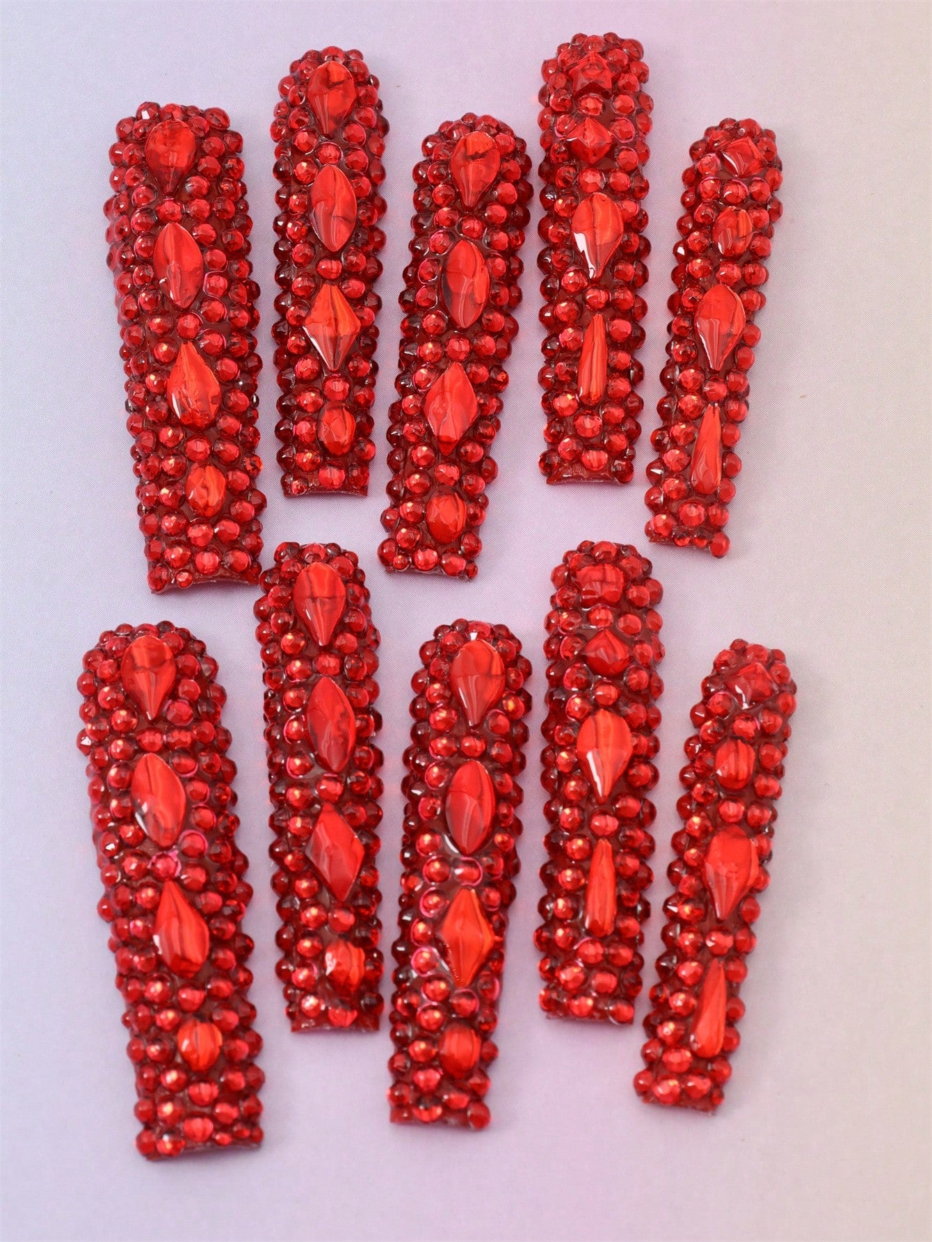 10 Pcs Handmade Press On Nails Red rhinestones Fake Nails