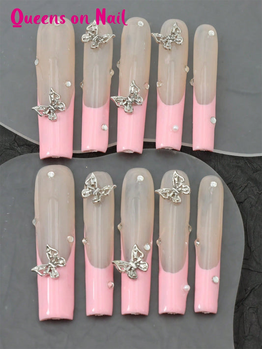 10 Pcs Handmade Fake Nails pink Press On Nails