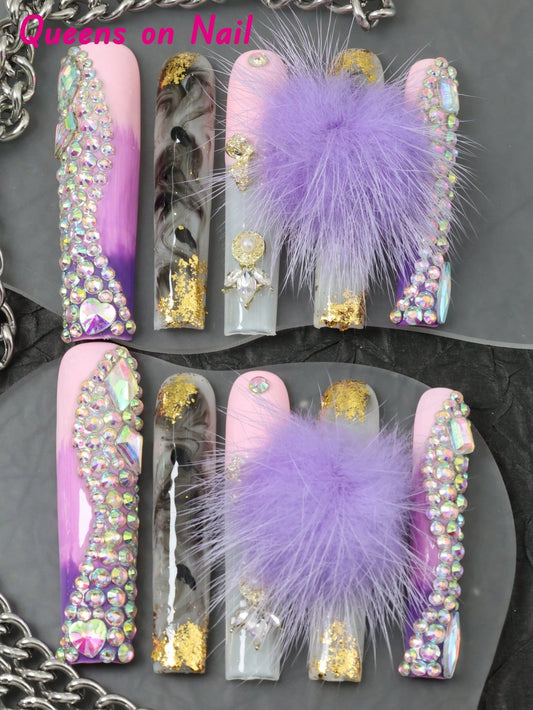 10 Pcs  Handmade Fake Nails Press On Nails Purple Nails